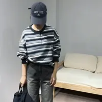 NIU ZI 纽扣黑领条纹长袖T#05