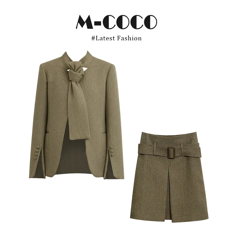 韩系御姐温柔风小众设计感外套咖绿半身裙时尚两件套