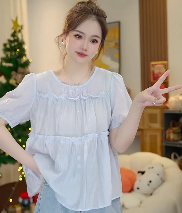 （微微）夏季新款圆领水钻显瘦洋气小上衣2906