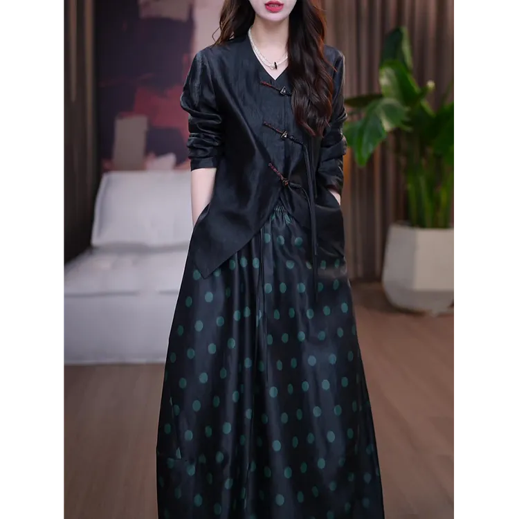 新中式时尚套装女2025秋装新款国风气质显瘦长袖衬衫+波点半身裙
