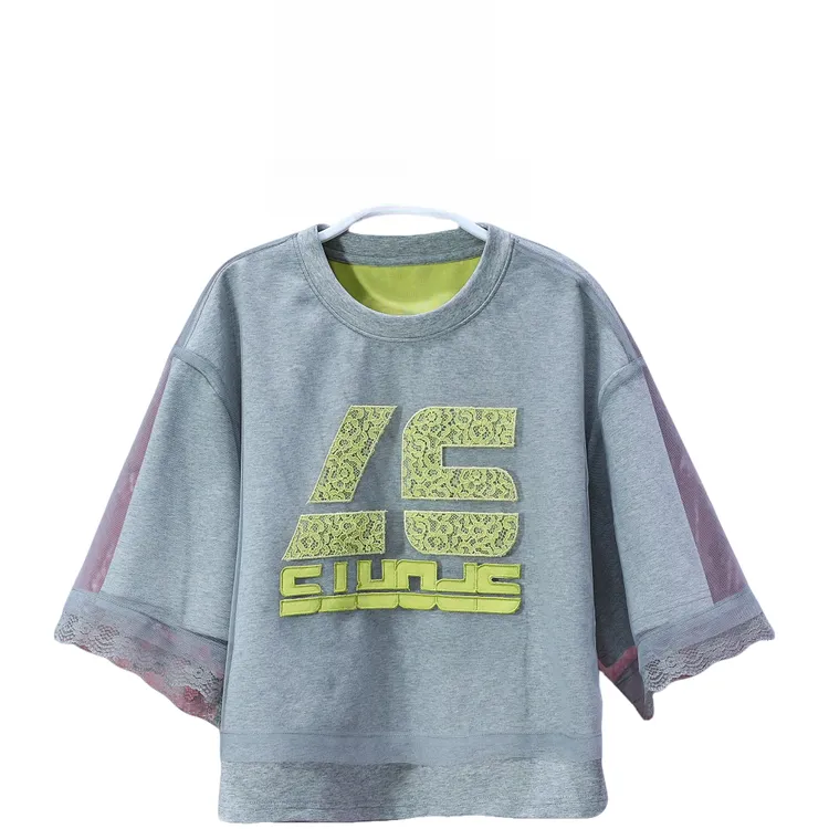 【韩哥女装】冰凉一夏 小众设计银河灰拼接刺绣蕾丝时尚短T恤7196A