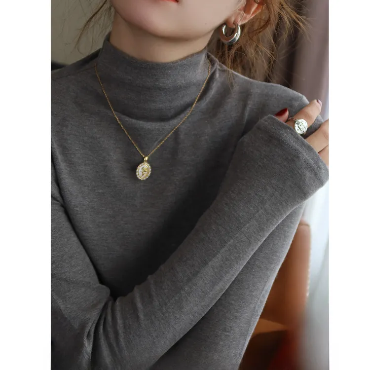 磨毛厚款打底衫女内搭长袖T恤流行新款半高领外穿秋冬深灰色上衣