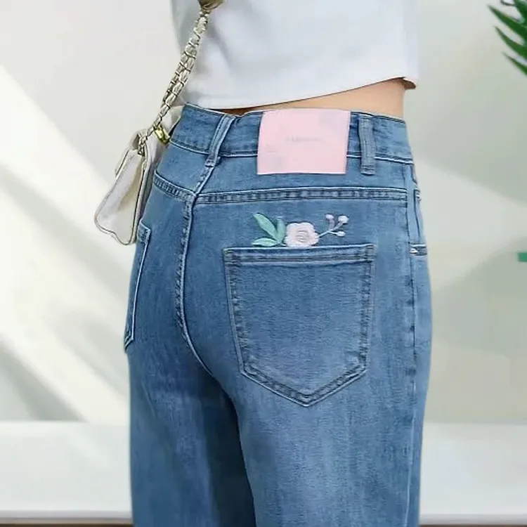 浅色刺绣牛仔直筒裤女2025年春秋季新款高腰垂感显瘦窄版阔腿裤子
