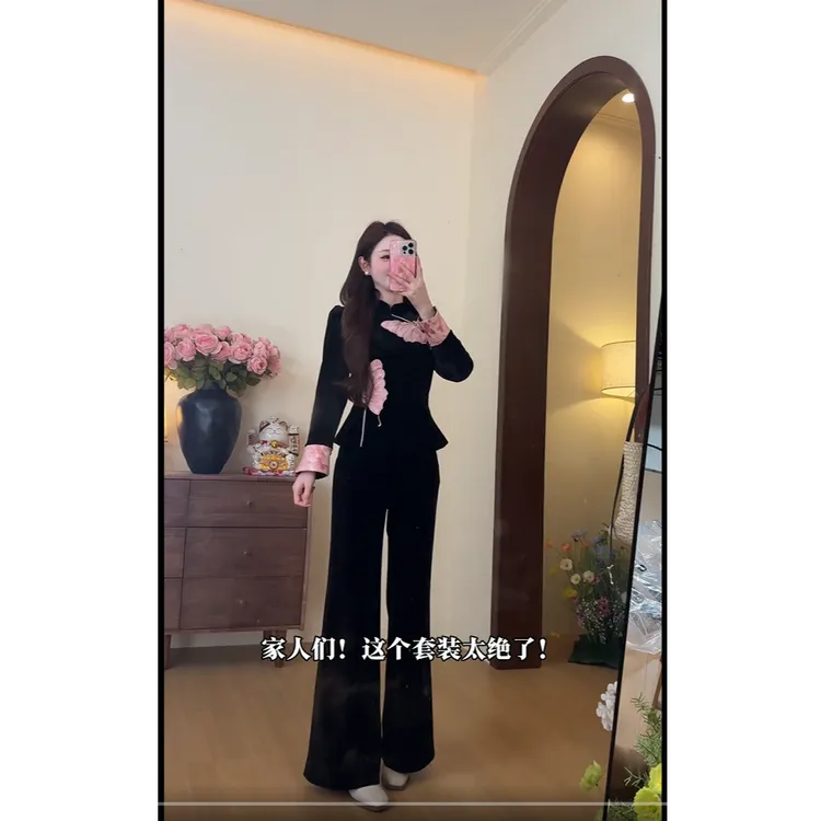 2026秋冬新款新中式复古时尚优雅气质百搭撞色上衣搭配裤子套装女