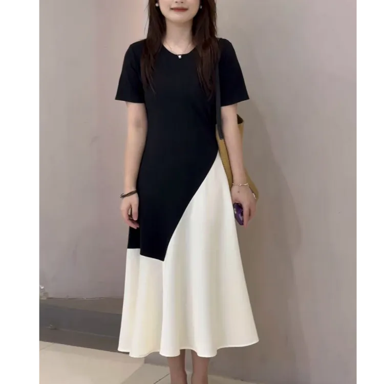 小个子拼接显瘦连衣裙开叉中长款夏季气质圆领简约不规则撞色
