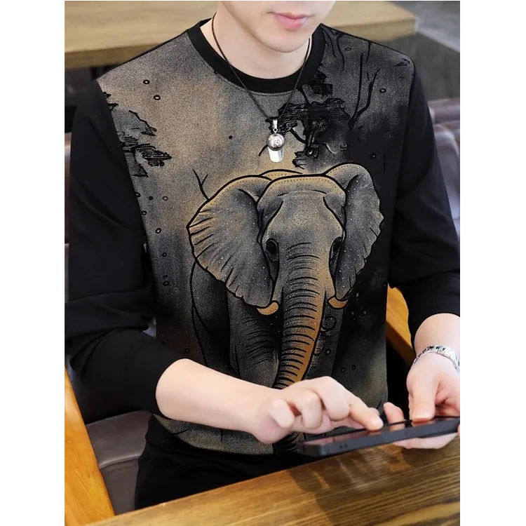 富比莫维长袖卫衣男士秋季新款圆领大象套头上衣高端烫钻打底衫