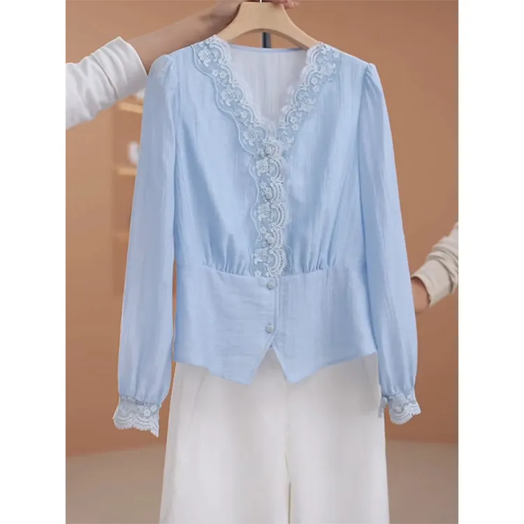 2025春季新款欧货轻奢高级感小个子减龄韩系chic百搭蓝色蕾丝衬衫