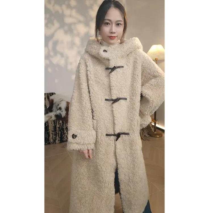 人造皮草 冬季保暖外套女士女毛呢外套连帽网红直下摆中长款