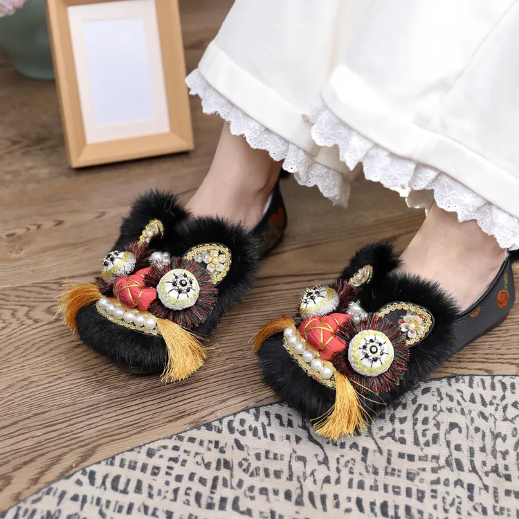 棉鞋【琥绫】手工虎头鞋女成人中式正宗老北京布鞋包跟加绒黑红色