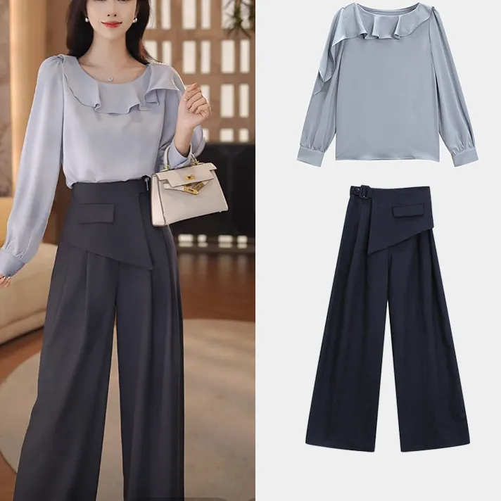 设计感韩版气质通勤套装2025新款荷叶边衬衫休闲百搭西装裤两件套