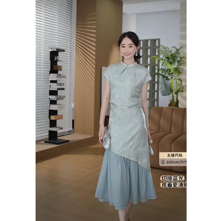 HELA AOMI“青花瓷”宋锦桑蚕丝96.3%刺绣中式无袖连衣裙CY5BM72588