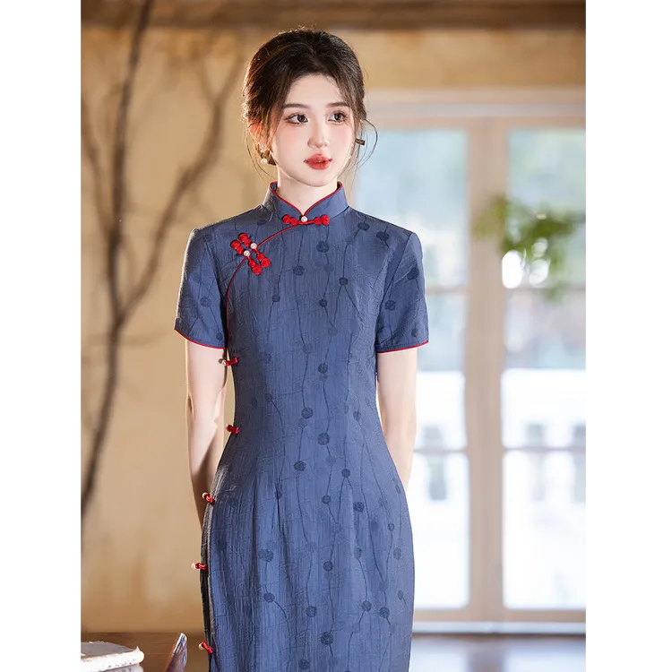 复古日常旗袍文艺风气质甜美女春夏连衣裙2025国风蓝色侧开叉旗袍