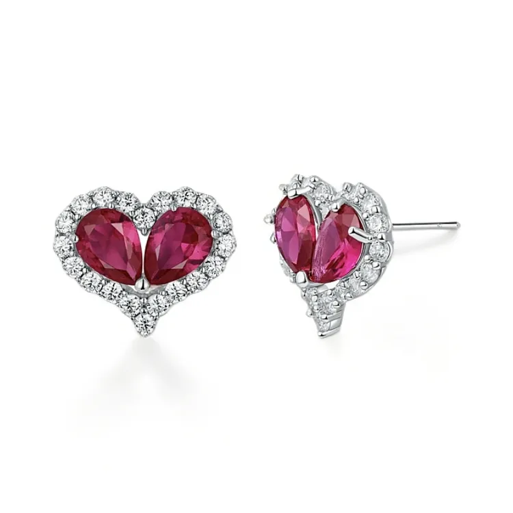 铜合金合成锆石耳饰 925银针气质轻奢时尚百搭设计师红色爱心耳钉