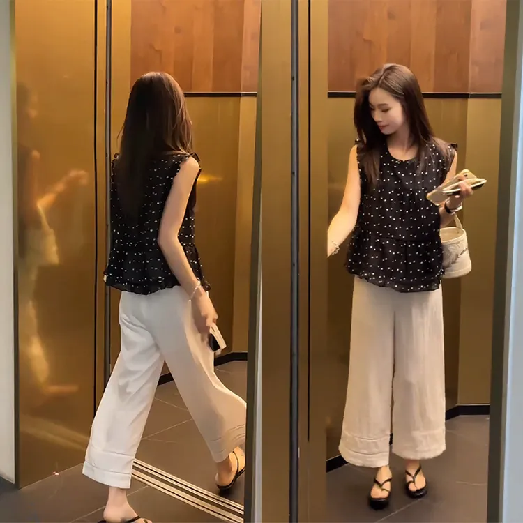 夏季韩系小碎花上衣气质慵懒风衬衫女百搭时尚休闲裤洋气减龄套装