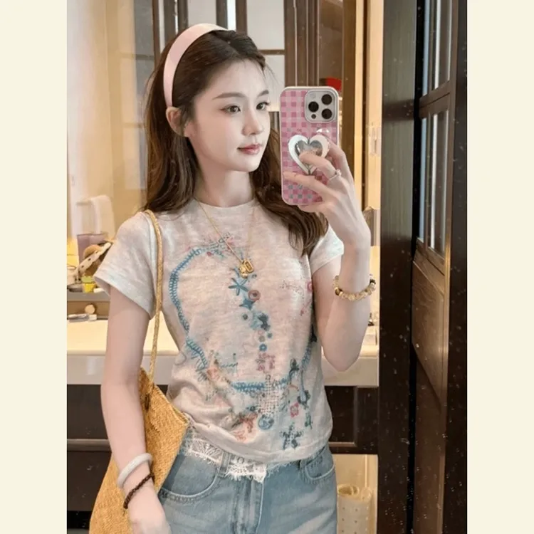 2025夏季减龄独特超好看单穿小上衣小众不撞款正肩印花短袖t恤女