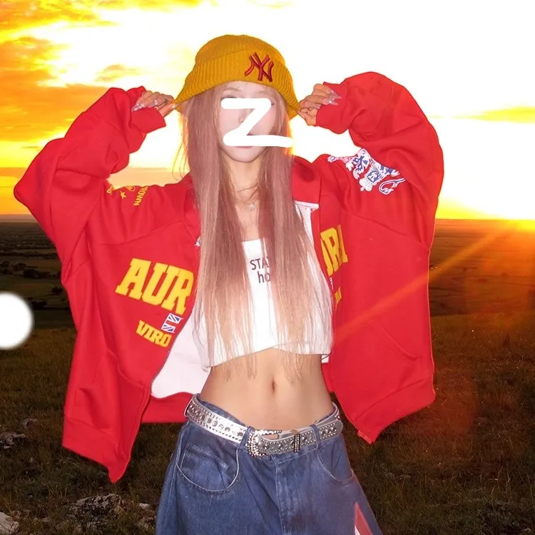 美式复古字母印花插肩袖开衫连帽卫衣秋季女宽松百搭外套春秋新款