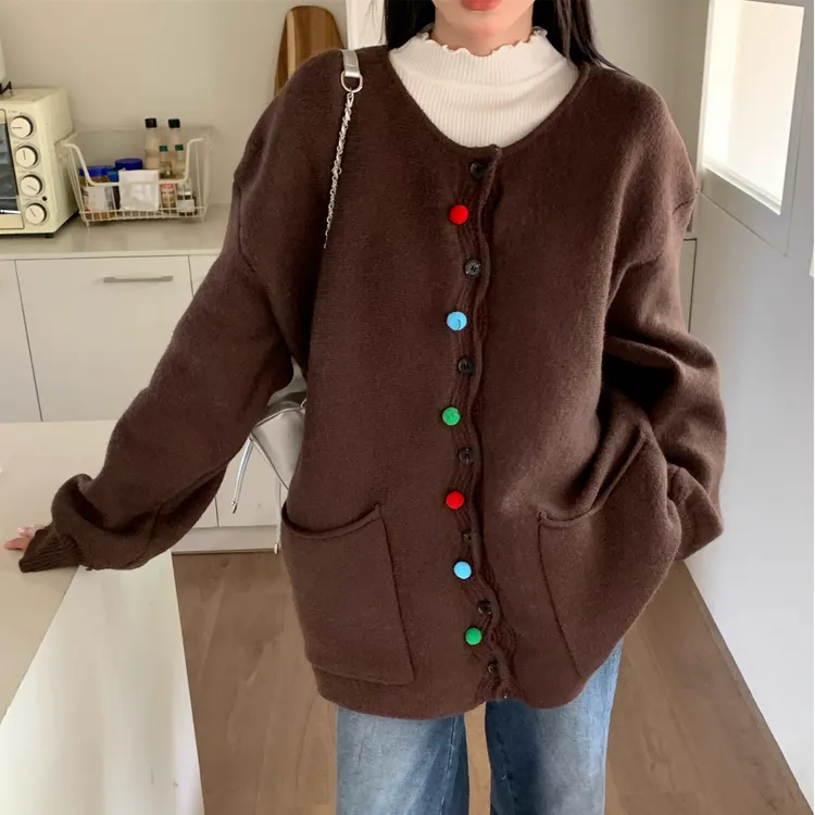 慵懒风宽松复古彩扣毛衣外套女秋冬大码胖MM显瘦遮肚休闲针织开衫