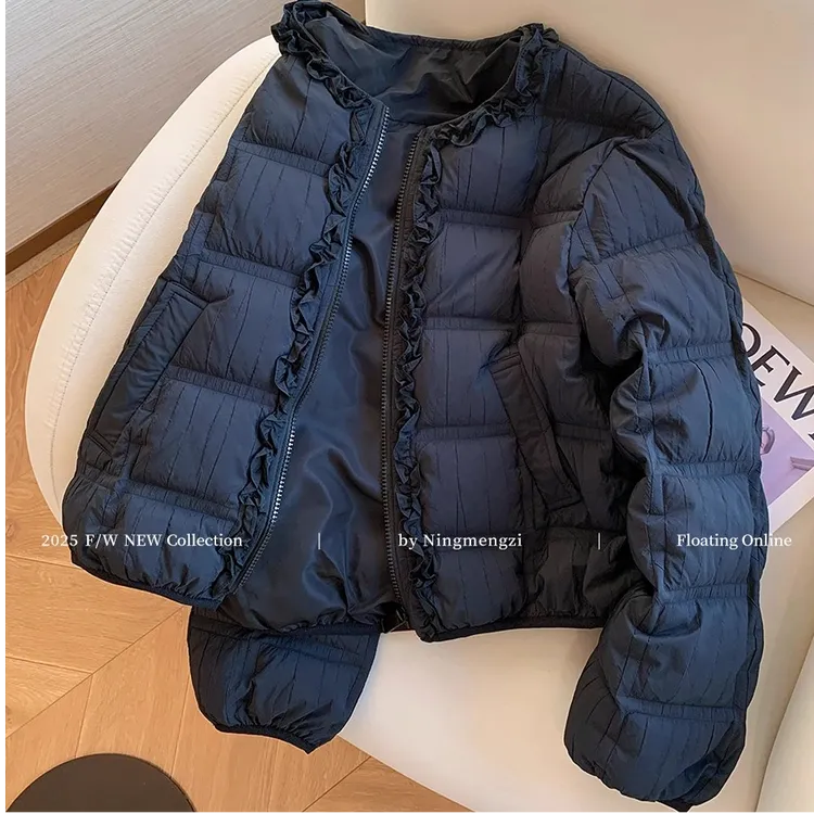 设计感黑色木耳边棉服外套女装2025秋冬新款高级百搭复古保暖上衣