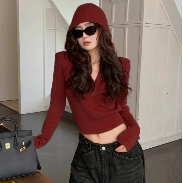 安可拉红色美式连帽针织衫女修身短款毛衣卫衣春季设计感内搭上衣