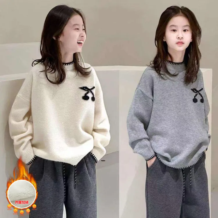 儿童毛衣2025女童秋冬加绒加厚新品樱桃款中大童韩版百搭洋气毛衣