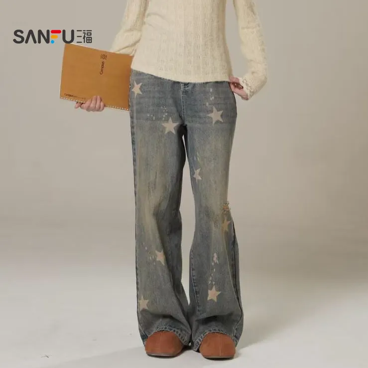 三福 秋季显瘦高腰直筒百搭宽松破洞做旧星星牛仔裤女装 513198