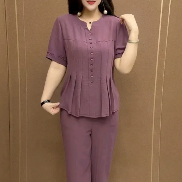 2025新款宽松休闲女装套装韩版百搭减龄中老年妈妈夏款短袖两件套