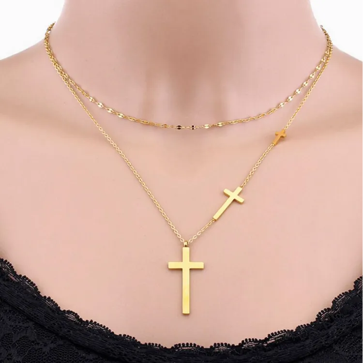 钛钢项链 双层十字架项链高级感轻奢小众锁骨毛衣链镀18K金不掉色