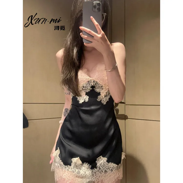 Xunmi/浔觅 性感睡衣女2025新款冰丝蕾丝高级感纯欲小胸吊带睡裙