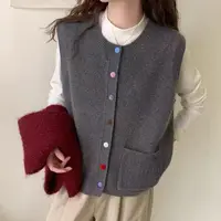 单口袋彩扣宽松针织开衫毛衣马甲无袖春秋新款叠穿马夹背心外搭