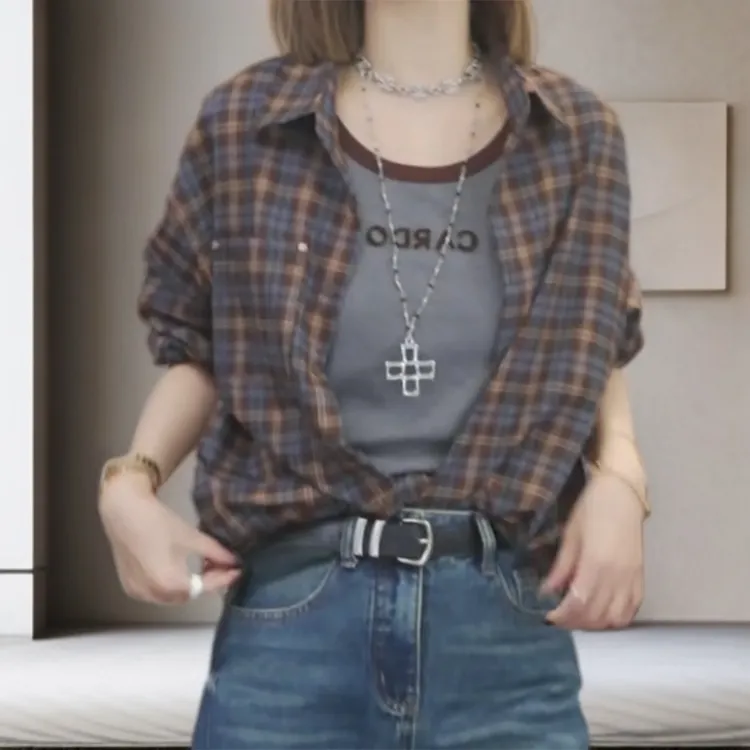 【楚水寒烟】2025早秋时尚新款长袖衬衣+百搭显瘦背心C5795