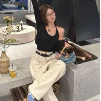 【YKL】自由简意 黑色挂脖纽结吊带开衫两件套松紧腰休闲阔腿卫裤