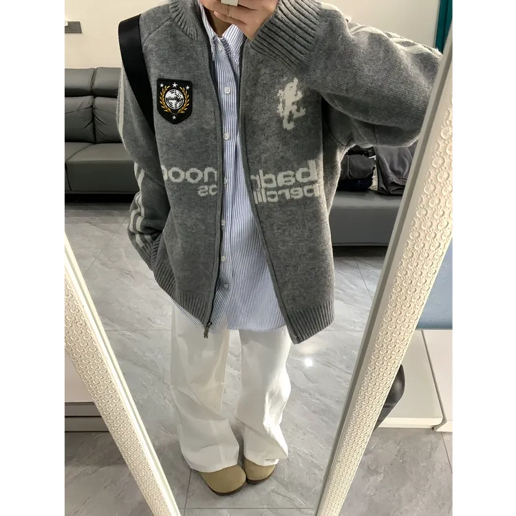 秋冬新款翻领拉链毛衣开衫男女外套美式复古宽松情侣针织衫国潮牌商品图