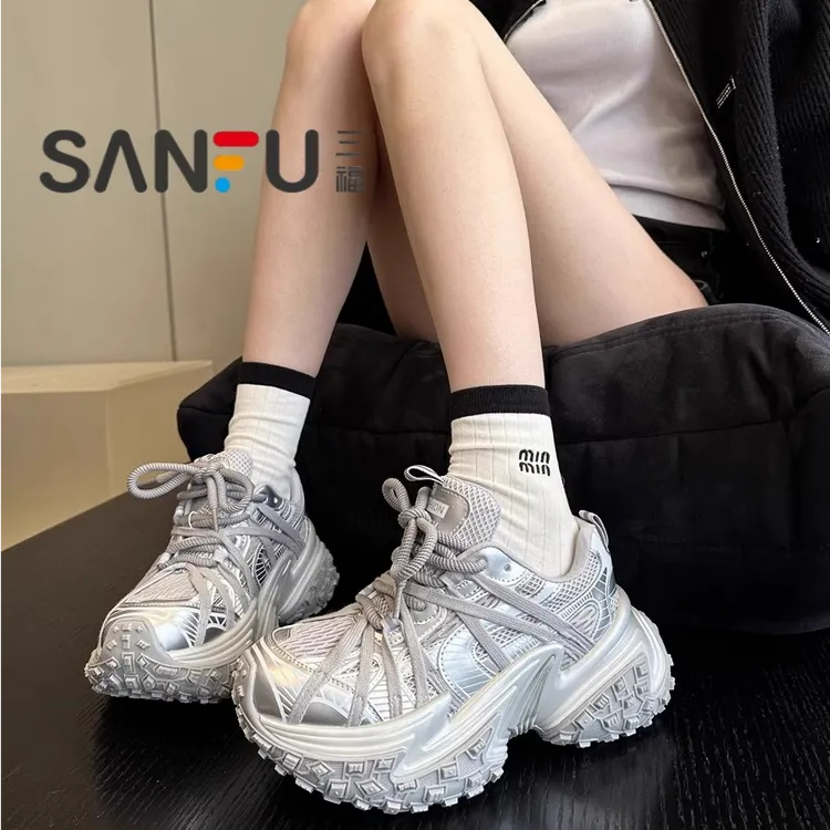 三福小众ins欧货厚底增高老爹鞋女2025轮胎鞋白色绑带运动休闲鞋