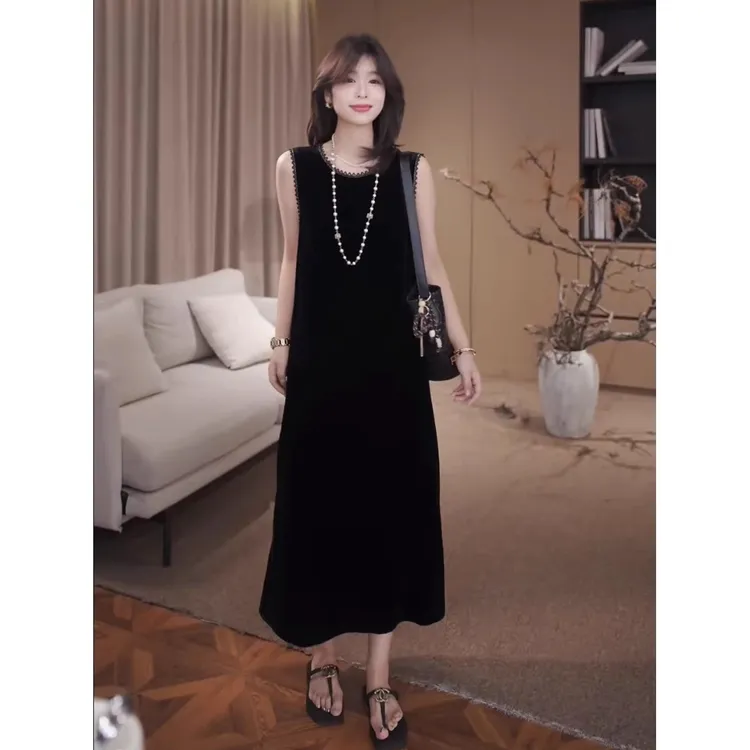 广州琴姐【回头率密码】真丝丝绒露背蝴蝶结无袖中长款连衣裙女4887