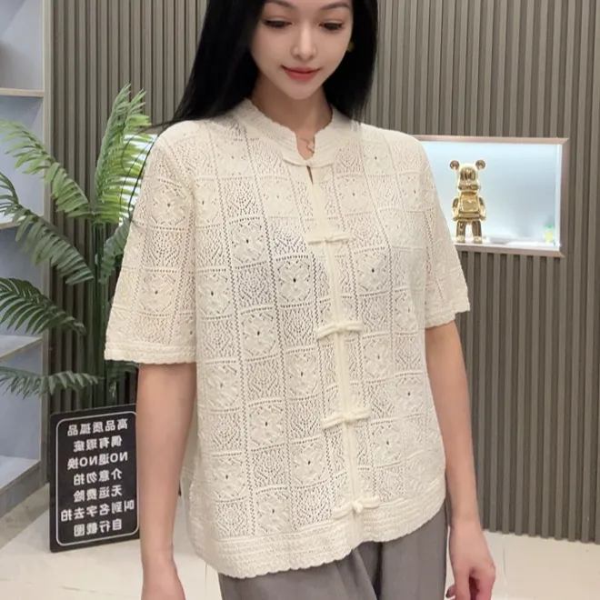 侘寂风休闲复古新中式盘扣短袖针织衫夏季镂空针织衫3017