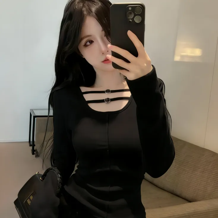 2025加绒纯欲风气质百搭T恤长袖修身内搭领口织带打底衫女0070