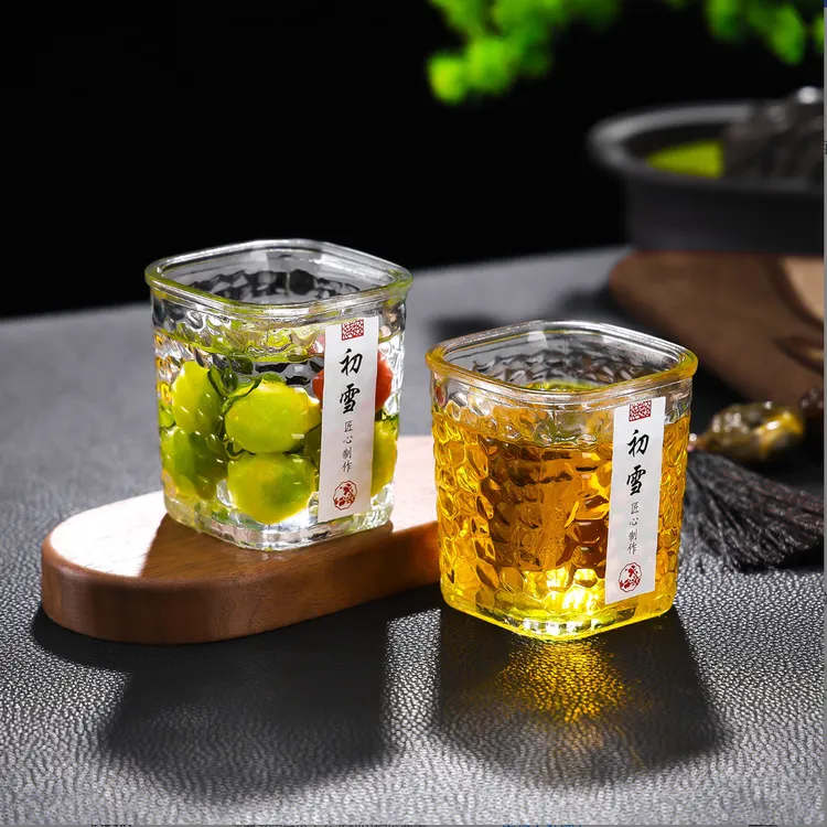 高颜值初雪锤纹玻璃杯日式家用水杯威士忌酒杯方形简约杯子