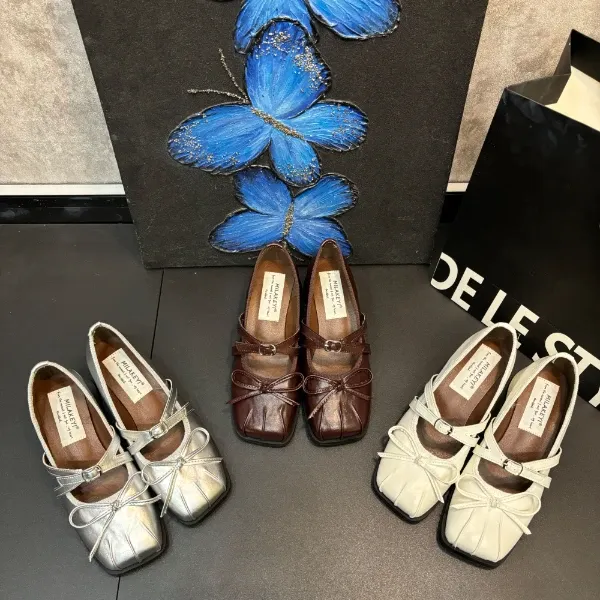 2025年春夏新款交叉带蝴蝶结贝壳装饰方头玛丽珍跟鞋时尚百搭单鞋