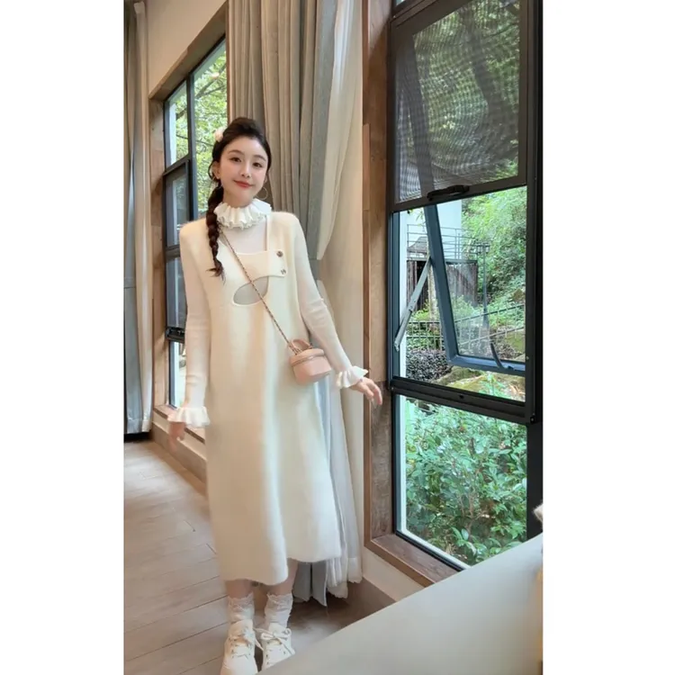 洋洋优选-秋冬新款温柔风不规则设计无袖背心吊带连衣裙女YY71995