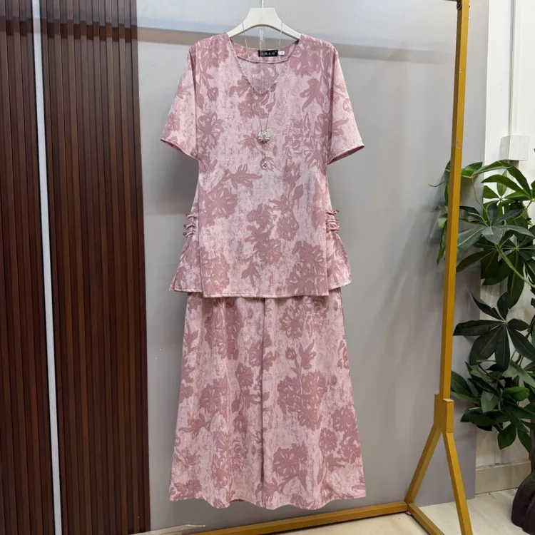 新款大码女装时尚气质V领宽松复古上衣十阔腿裤两件套套装