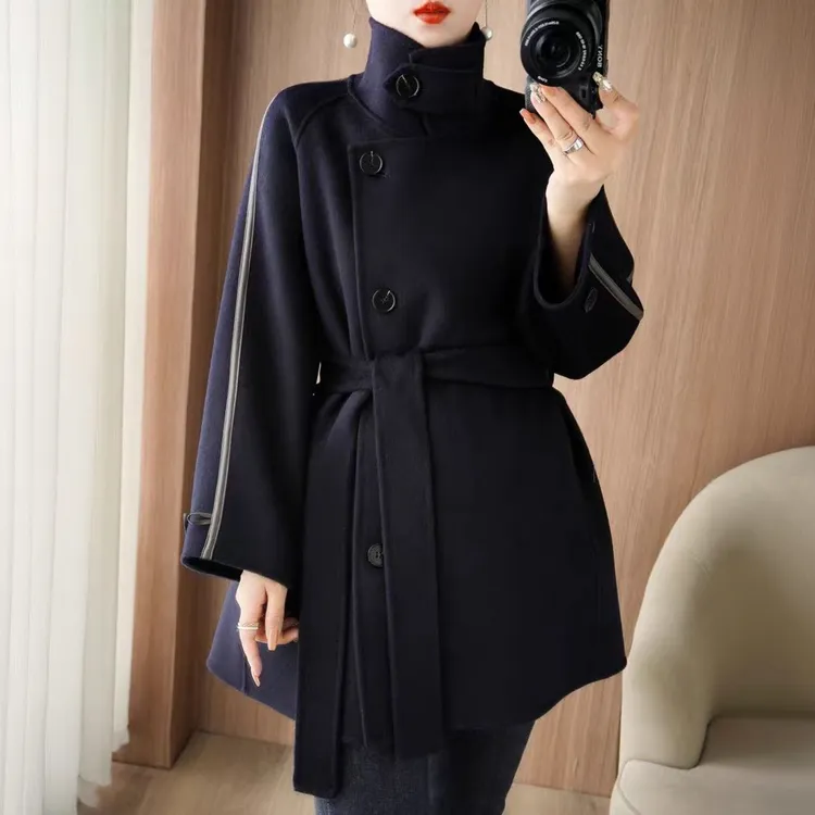 专柜高品质呢料羊毛大衣女高级感呢子贴皮大衣外套A1880880