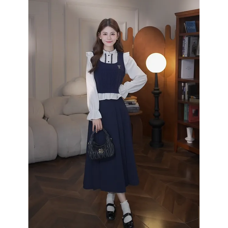 鹿向南【海湾蓝调】秋季新款学院风气质套装女三件套衬衫半身裙