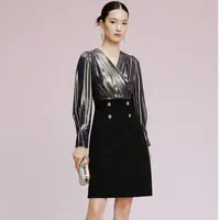 【晨粉专享价】烫金羊腿袖定位压褶复古洋装连衣裙女