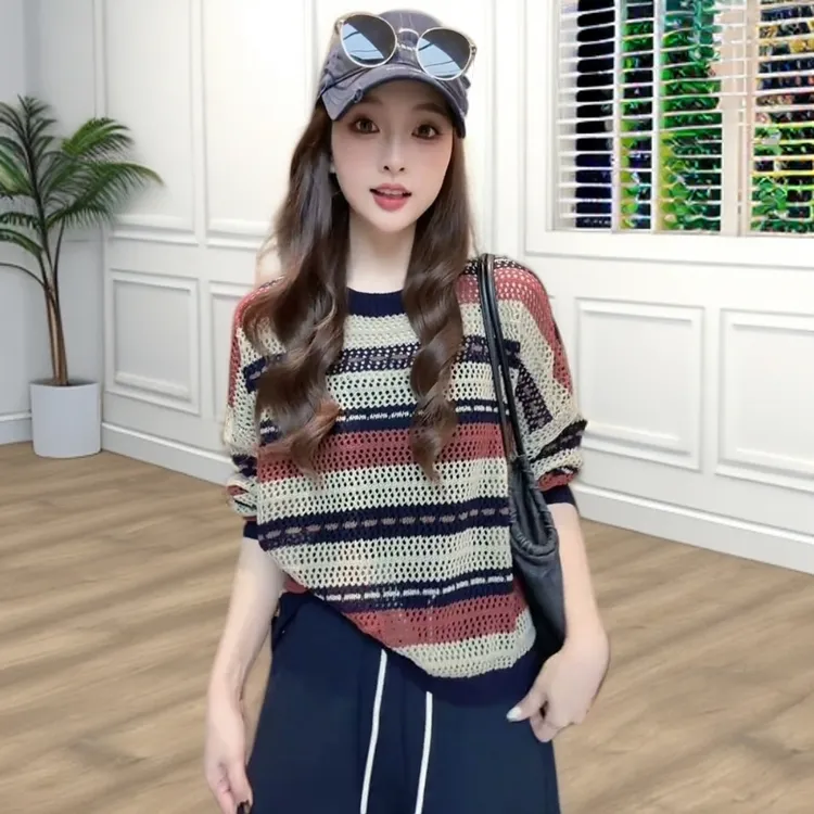 韩系chic早秋新款软糯慵懒毛衣轻奢高级感奶fufu撞色条纹针织衫女