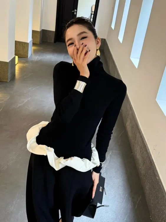 【当日发货】黑色针织上衣女秋冬高端小香风轻熟气质黑色休闲裤套装