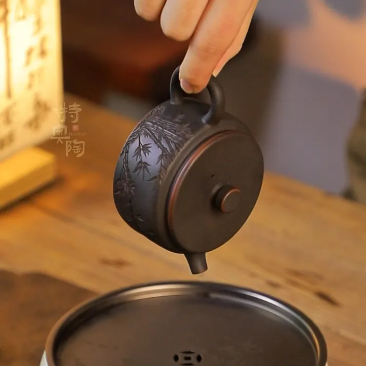 原矿云南紫陶手工雕刻宽口竹节汉瓦壶家用泡茶壶紫砂壶国风大容量