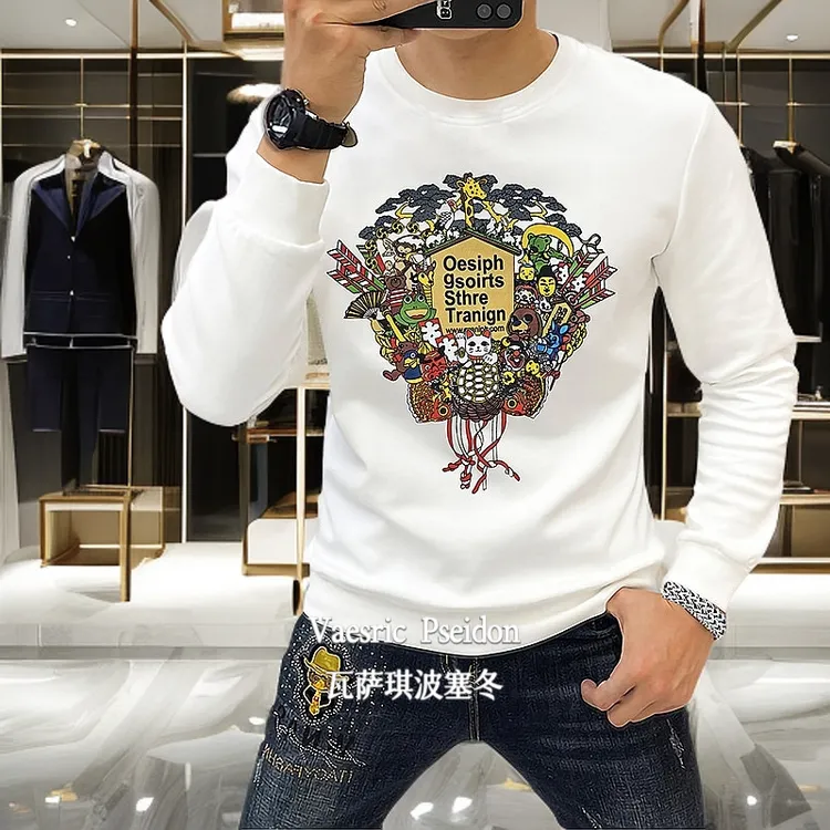 Vaesric Poseidon/瓦萨琪波塞冬印花重工秋冬男加绒修身圆领卫衣