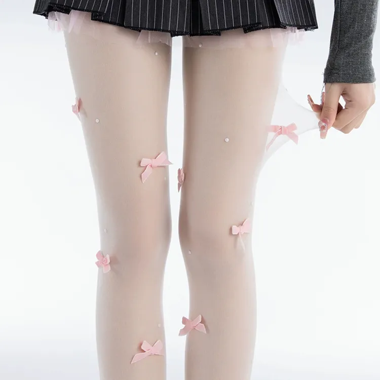 抵达一楼甜美少女蝴蝶结丝袜lolita珍珠连裤袜超薄白丝日系打底袜