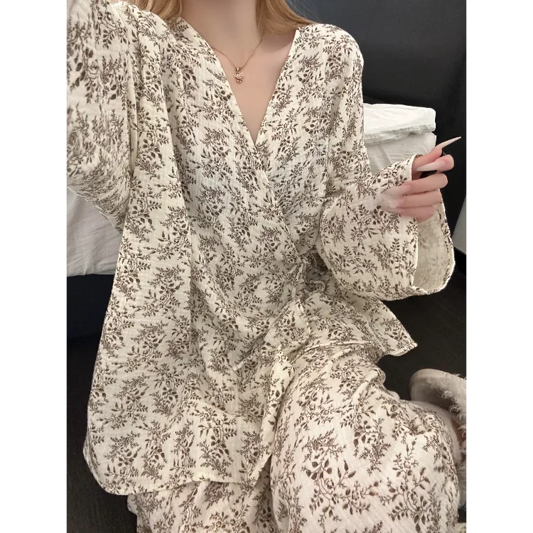 慵懒风温柔碎花棉纱睡衣女春秋季新款宽松长袖长裤家居服套装外穿