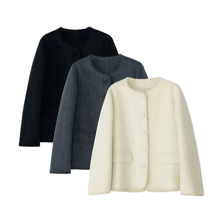 冬季大码山羊绒双面呢绵羊毛小香外套气质时尚百搭圆领外套26656